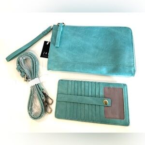 Susan Joy NWT Teal Blue Leather Wristlet/Shoulder Bag with Matching Wallet
